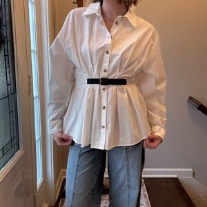 Anthropologie White Button-Down Shirt with Black Belt